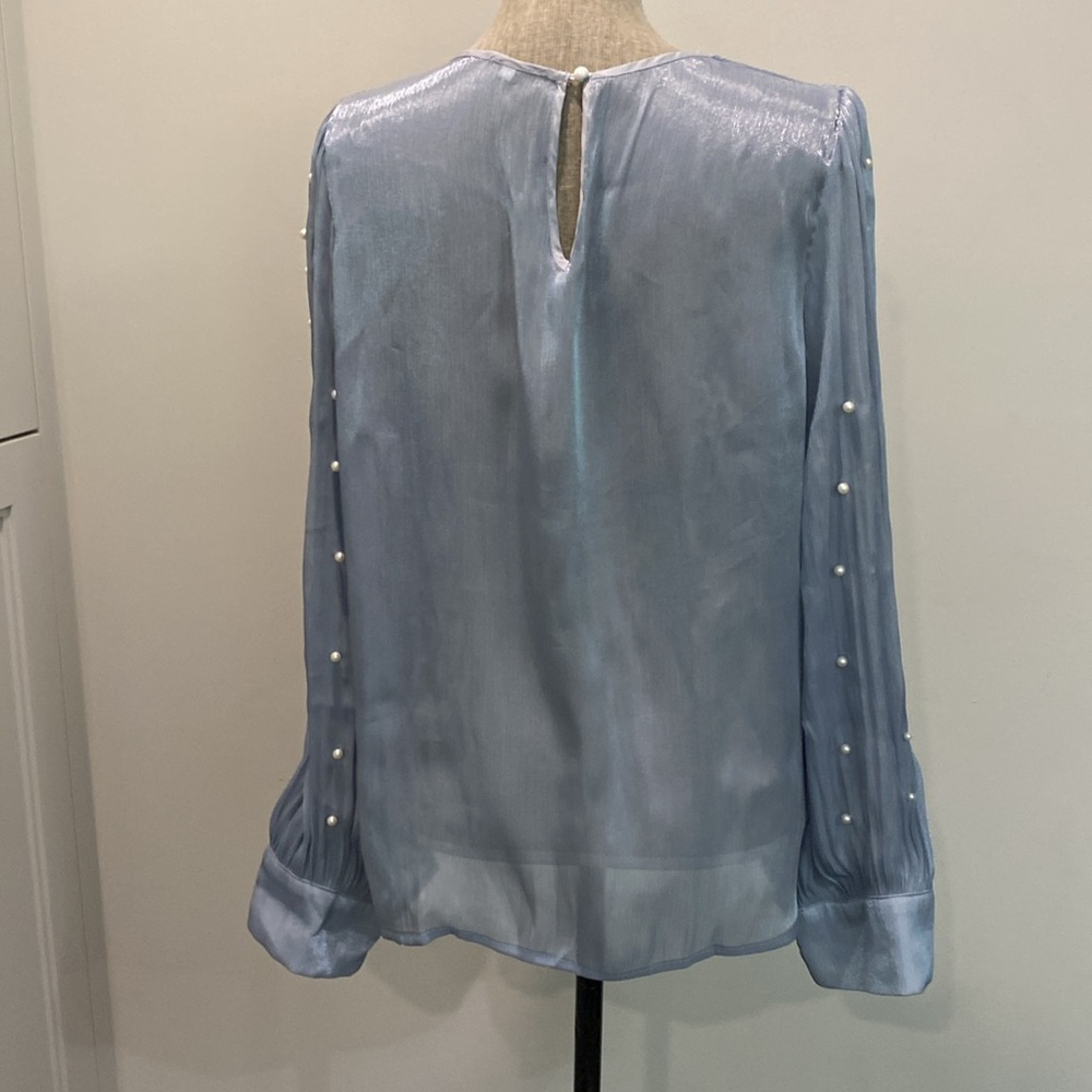 Pearl-Embellished Light Blue Long-Sleeve Women's Top - Picture 13 of 16